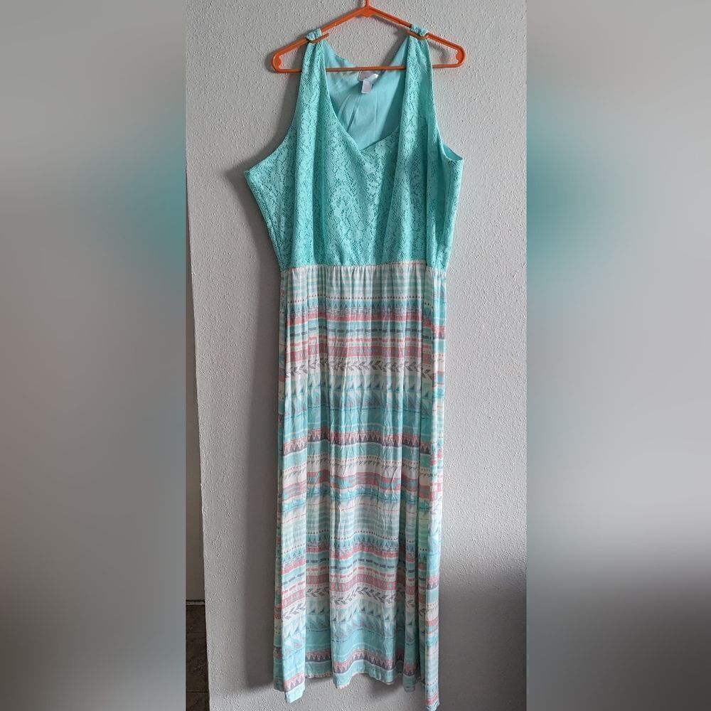 Worn plus size aqua green pastel print maxi dress